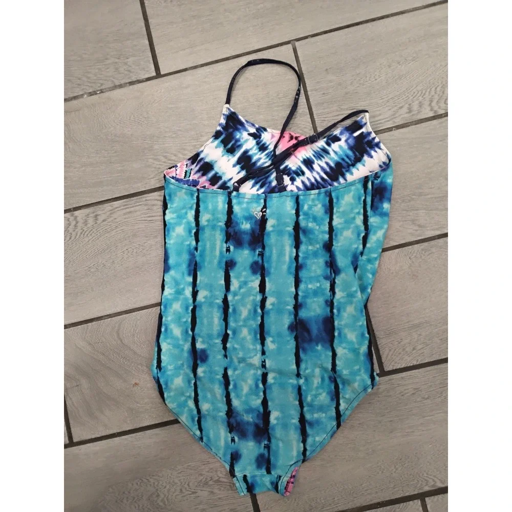 Justice Girls Reversible‎ One Piece Swimsuit Tie Dye Tribal Blue Pink Size 12